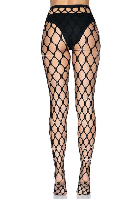 RHINESTONE JUMBO POTHOLE TIGHTS- O/S - BLACK