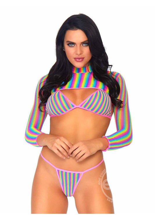 Leg Avenue Rainbow Fishnet Bikini Top, G-String, and Long Sleeved Crop Top (3 Piece) - O/S - Multicolor