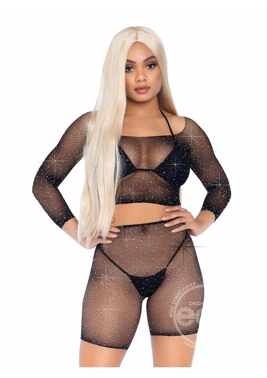 Leg Avenue Rhinestone fishnet long sleeve crop top and biker shorts (2 Piece) - O/S - Black