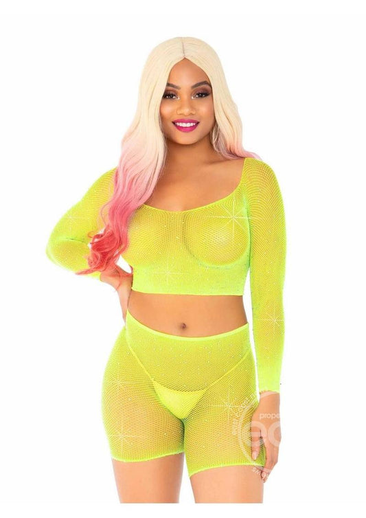 Leg Avenue Rhinestone fishnet long sleeve crop top and biker shorts (2 Piece) - O/S - Yellow