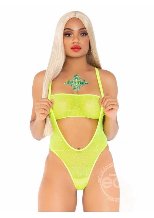 Leg Avenue Rhinestone Mesh Bandeau and Suspender Bodysuit (2 Piece) - O/S - Neon Yellow