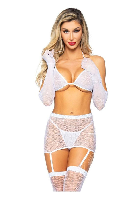 Leg Avenue Rhinestone Fishnet Garter Skirt Set with Bikini Top, G-String, Gloves, and Matching Stockings (5 Piece) - O/S - White