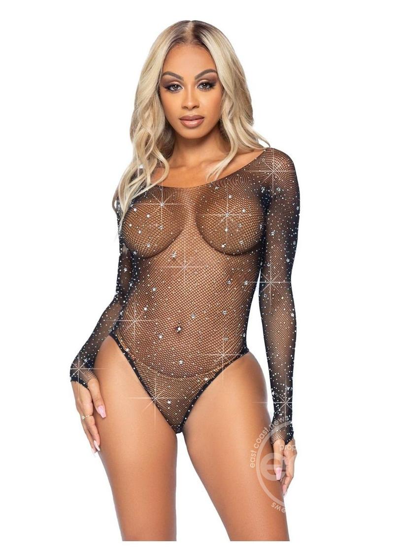 Leg Avenue Galaxy Star Rhinestone Fishnet Bodysuit with Snap Crotch - O/S - Black