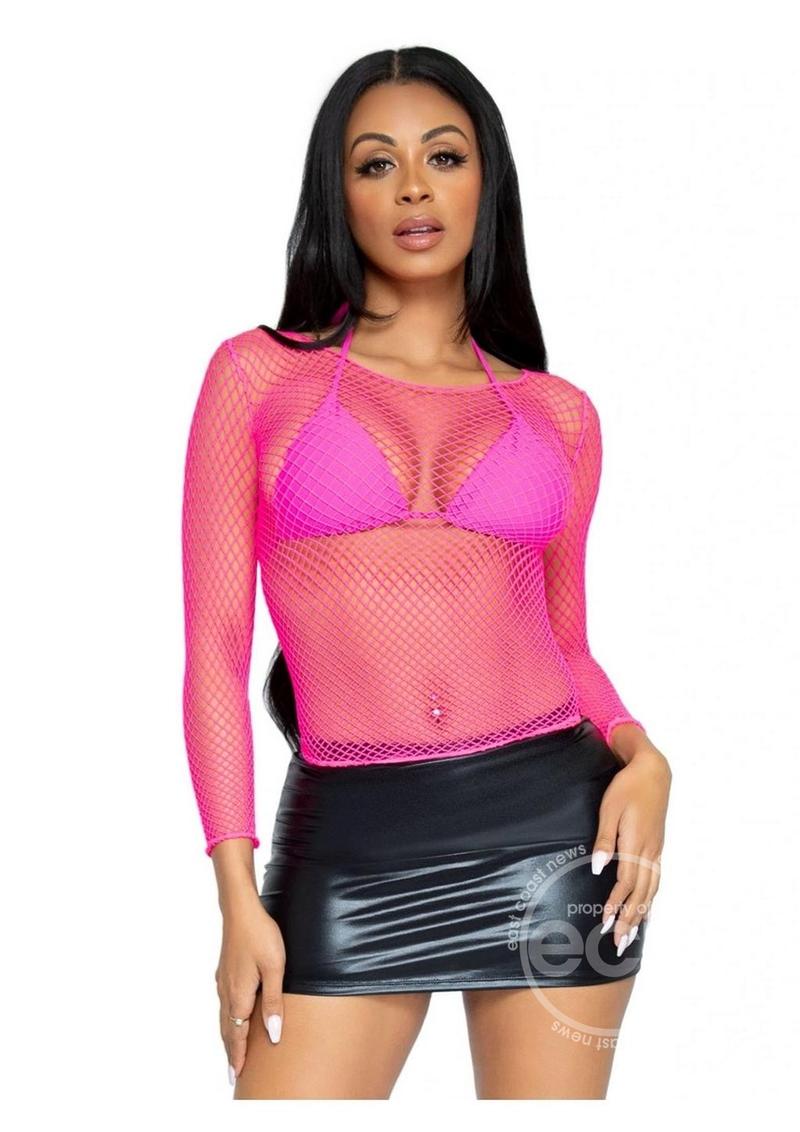 Leg Avenue Spandex Long Sleeved Industrial Net shirt - O/S - Neon Pink