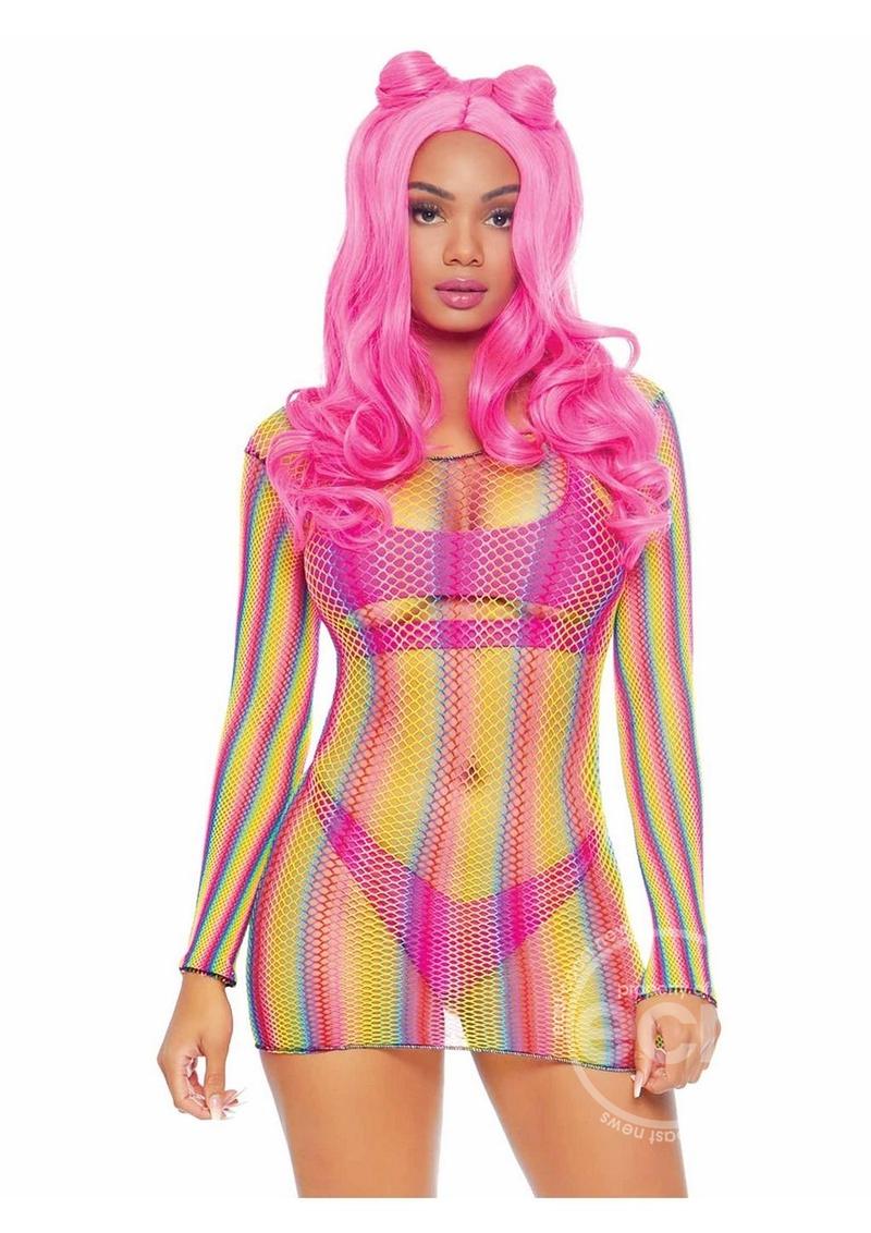 Rainbow Fishnet Long Sleeve Mini Dress - O/S - Multicolor