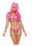 Rainbow Fishnet Long Sleeve Mini Dress - O/S - Multicolor