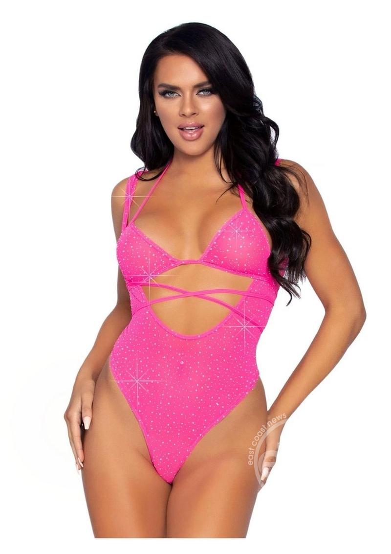 Leg Avenue Rhinestone Mesh Wrap Around Bikini Top and Suspender Bodysuit (2 Piece) - O/S - Pink