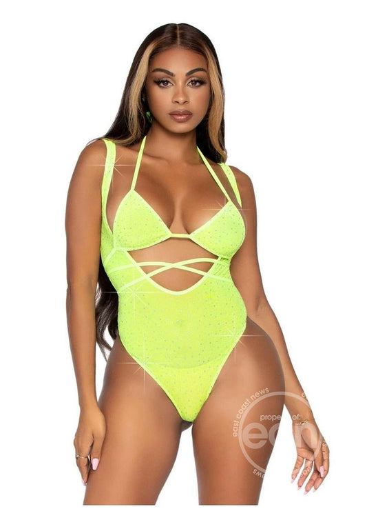 Leg Avenue Rhinestone Mesh Wrap Around Bikini Top and Suspender Bodysuit (2 Piece) - O/S - Yellow