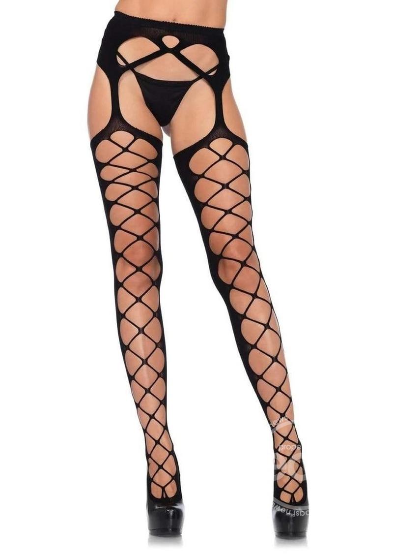 Diamond Net Opaque Stockings With Attached Garter - BLACK