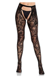 Eyelet Rose Lace Crotchless Tights with Cheeky Open Back - Black - O/S