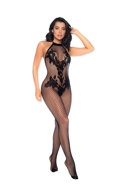 Halter and Crotchless Floral Body Stocking
