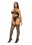 Leg Avenue Rhinestone Lace Bra Top, G-String, and Fishnet Garter Belt Stocking (3 Piece) - O/S - Black