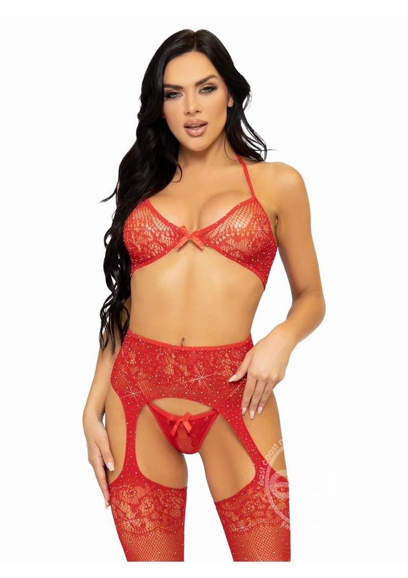 Leg Avenue Rhinestone Lace Bra Top, G-String, and Fishnet Garter Belt Stocking (3 Piece) - O/S - Red