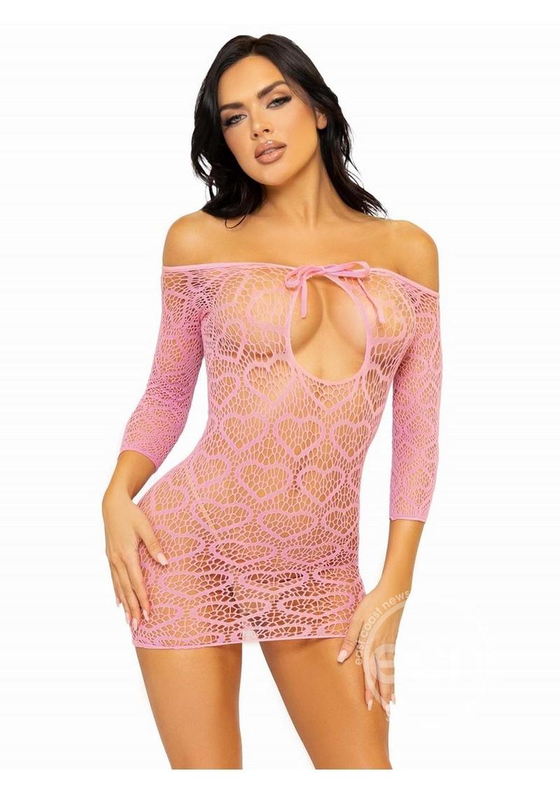 Leg Avenue Seamless Heart Net Mini Dress with Keyhole Tie Front - O/S - Pink