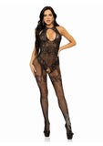 Leg Avenue Seamless Rhinestone Fishnet Bodystocking with Keyhole and Lace Lingerie Detail - O/S - Black