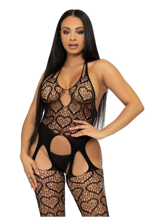 Leg Avenue Seamless Heart Net Suspender Bodystocking - O/S - Black