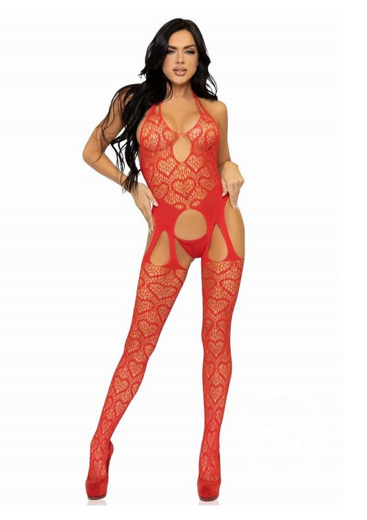 Leg Avenue Seamless Heart Net Suspender Bodystocking - O/S - Red