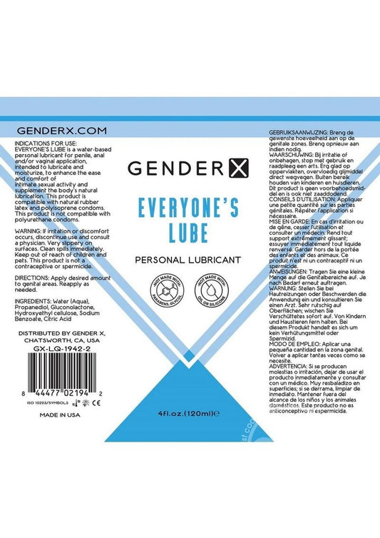 Gender X Everyone's Lube Water Based Lubricant 4oz