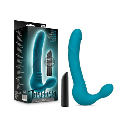 Temptasia Luna 9 in. Silicone Strapless Strap-On Dildo with Rechargeable Bullet Vibrator Teal