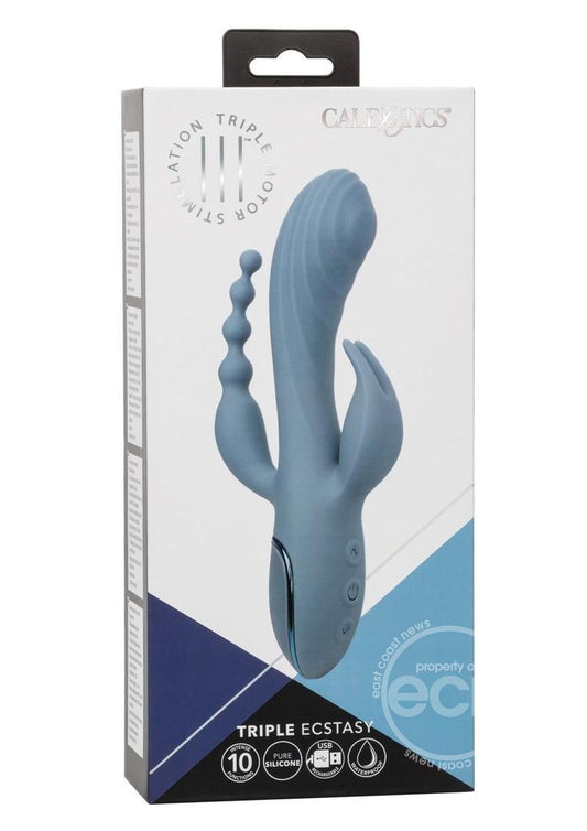 III Triple Ecstasy Rechargeable Silicone Stimulating Vibrator - Blue