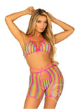 Leg Avenue Rainbow Net Bikini Top with Lace-Up Detail, G-String Panty and Biker Chaps - O/S - Multicolor