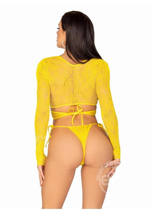 Daisy Lace Wrap-Around Crop Top and Side Tie Panty - O/S - Yellow