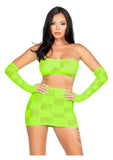 Leg Avenue Checkerboard Net and Opaque Bandeau Mini Skirt and Arm Warmers - O/S - Neon Green