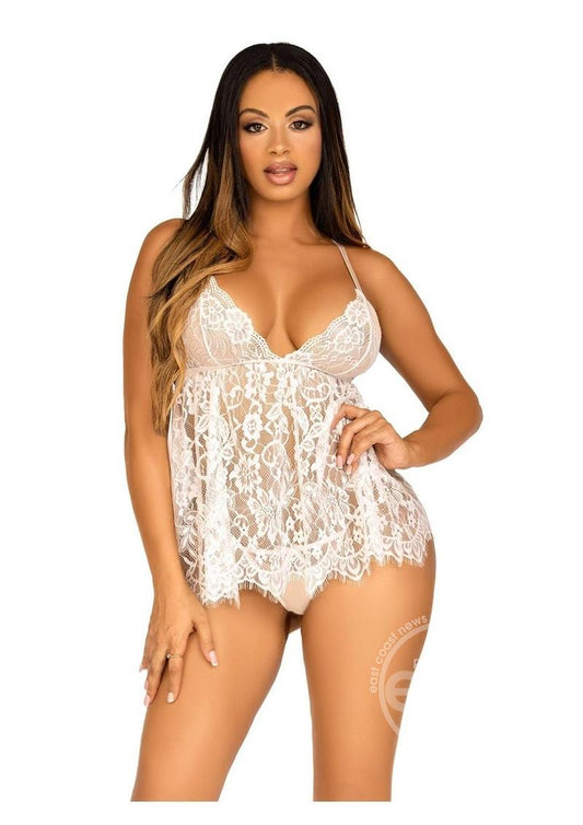 Leg Avenue Floral Lace Babydoll with Eyelash Lace Scalloped Hem Adjustable Cross-Over Straps and G-String Panty - White