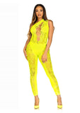 Leg Avenue Floral Lace Convertible Footless Bodystocking with Opaque Panel Detail - O/S - Neon Yellow