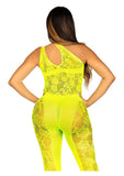 Leg Avenue Floral Lace Convertible Footless Bodystocking with Opaque Panel Detail - O/S - Neon Yellow