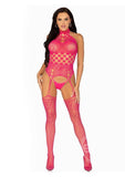 Leg Avenue High Neck Halter Hardcore Net and Lace Suspender Bodystocking - O/S - Raspberry