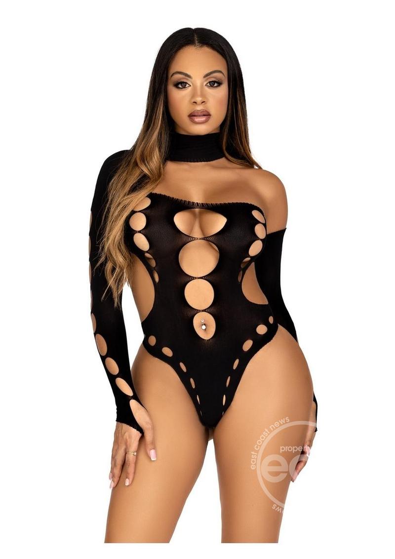 Leg Avenue Seamless Asymmetrical Cut Out Thong Back Bodysuit - O/S - Black