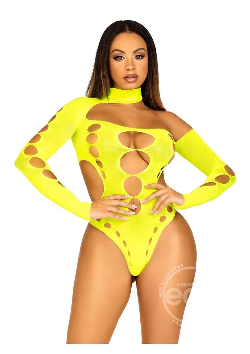 Leg Avenue Seamless Asymmetrical Cut Out Thong Back Bodysuit - O/S - Neon Yellow