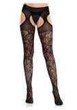 Leg Avenue Scalloped Trimmed Cross Hatch Floral Lace Suspender Hose - Black - O/S