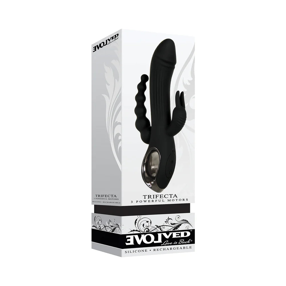 Evolved Trifecta Rechargeable Dual Entry Triple Stimulation Silicone Rabbit Vibrator Black