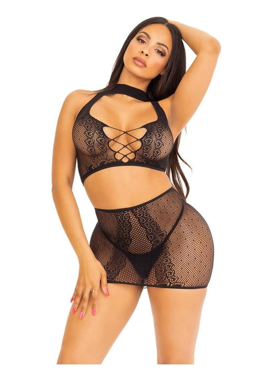 Leg Avenue Dotted Net and Lace Halter Crop Top with Faux Lace Up Front and Mini Skirt (2 Piece) - OS - Black