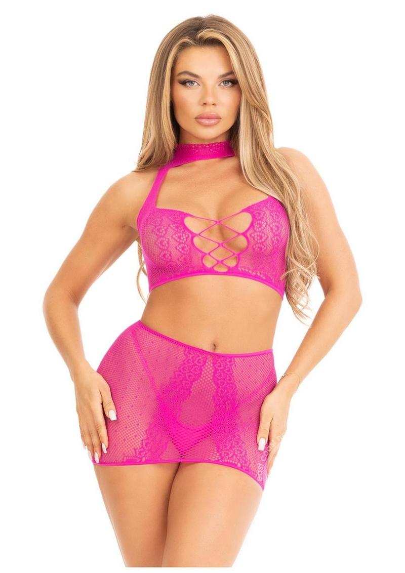 Leg Avenue Dotted Net and Lace Halter Crop Top with Faux Lace Up Front and Mini Skirt (2 Piece) - O/S - Magenta