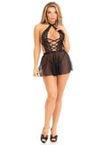 Leg Avenue Plunging Lace Halter Babydoll with Sheer Skirt and Lace G-String (2 Piece) - Small - Black