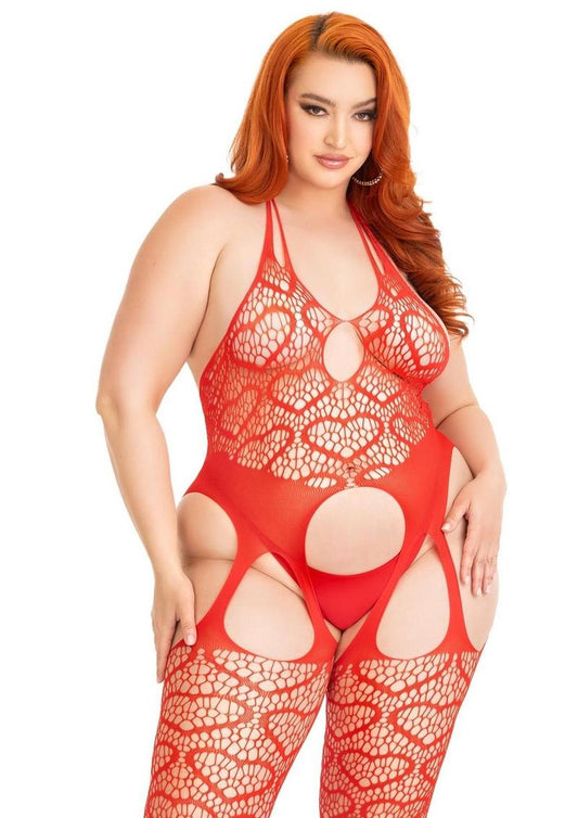 Leg Avenue Seamless Heart Net Suspender Bodystocking - 1X/2X