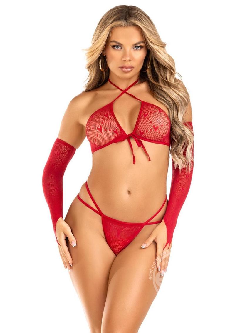 Leg Avenue Mini Heart Net Keyhole Crossover Crop Top, Dual Strap G-String, and Gauntlet Gloves - O/S - Red