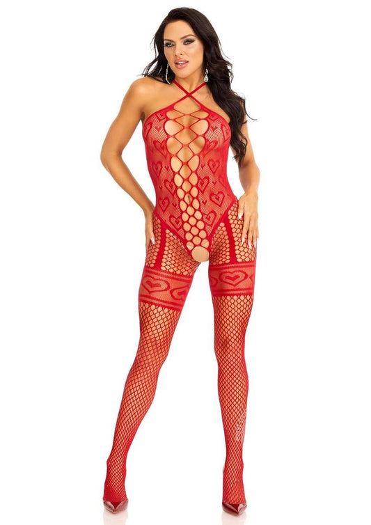 Leg Avenue Heart Net Halter Bodystocking with Faux Lace Up Front and Leg Garter Detail - O/S - Red