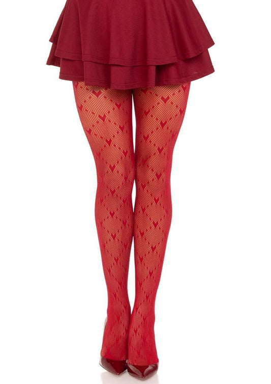 Leg Avenue Love Struck Heart Net Tights - OS - Red