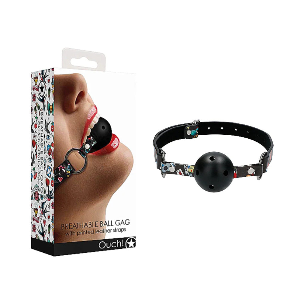 Ouch! Old School Tattoo Style Breathable Ball Gag With Adjustable Printed Straps Multi-Color