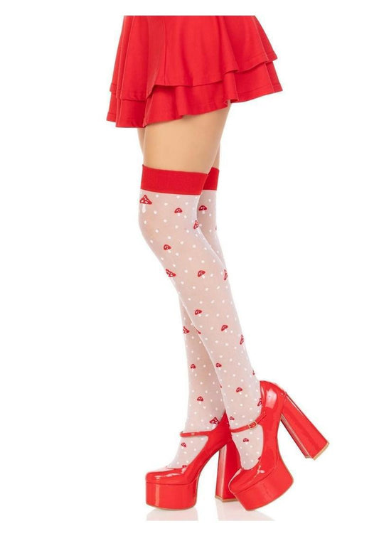 Leg Avenue Spandex Sheer Polka Dot Mushroom Thigh Highs - OS - White/Red