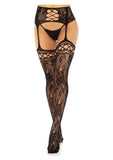 Leg Avenue French Rose Lace Backseam Stockings with Attached Garter Belt - OS - Black