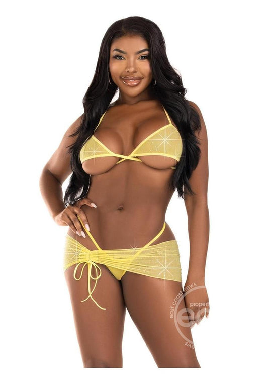 Leg Avenue Rhinestone Mesh Wrap Around Bra Top, G-String Panty, and Ruched Tie Sarong (3 Piece) - Small/Medium - Baby Yellow