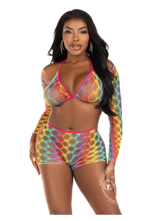 Leg Avenue Rainbow Hardcore Net Bra Top, Shrug, and Boy Shorts (3 Piece) - O/S - Multicolor