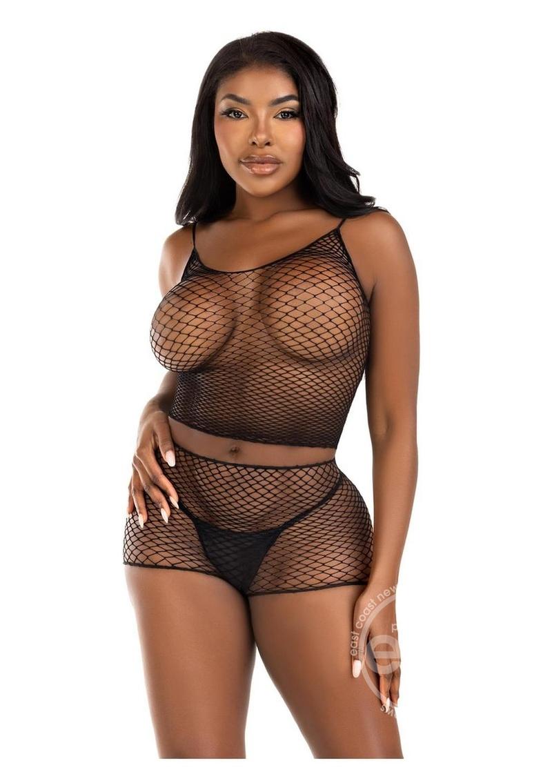 Leg Avenue Twist Net Tank Top and Boy Shorts (2 Piece) - O/S - Black