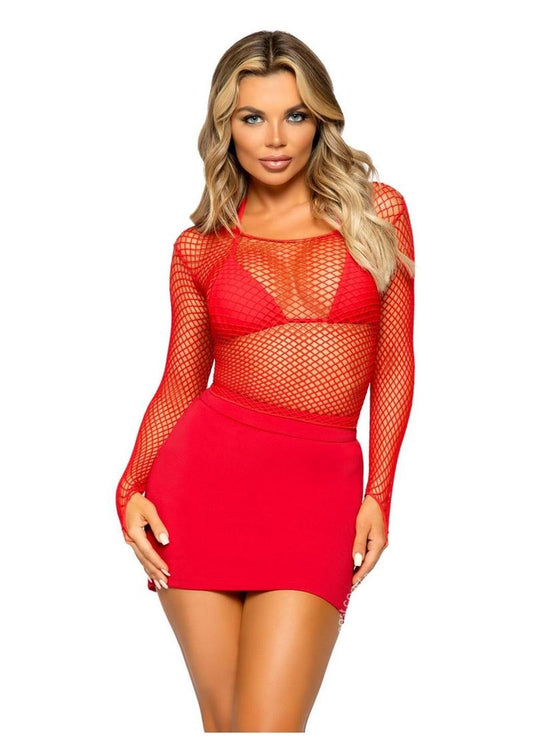 Leg Avenue Lycra Industrial Fishnet Long Sleeve T-Shirt - O/S - Red