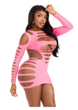 Leg Avenue Opaque Shredded Cut-Out Mini Dress - O/S - Neon Pink